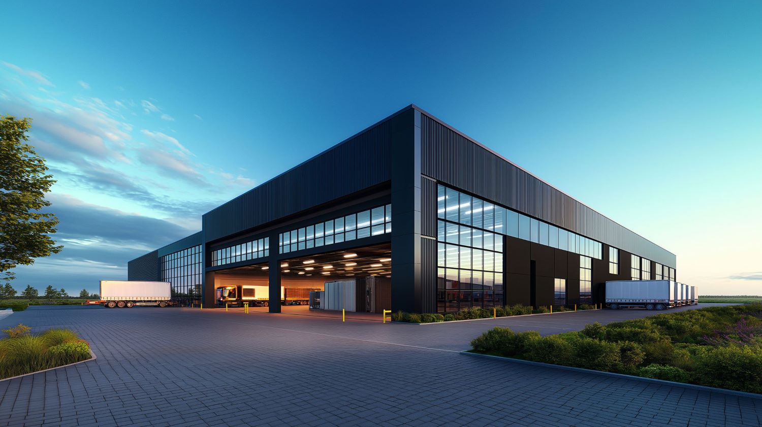 modern warehouse exterior featuring large glass windows and sleek design, surrounded by greenery and clear blue sky, evokes sense of innovation and efficiency v2 modern warehouse exterior featuring large glass windows and sleek design, surrounded by greenery and clear blue sky, evokes sense of innovation and efficiency v2